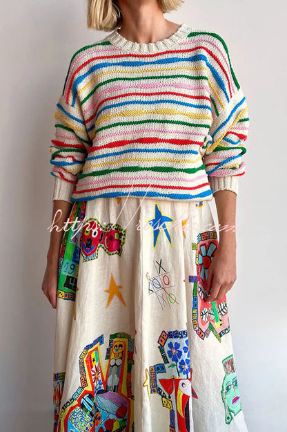 Miami Happy Hour Linen Blend Unique Print Smocked Back Pocketed Midi Dress
