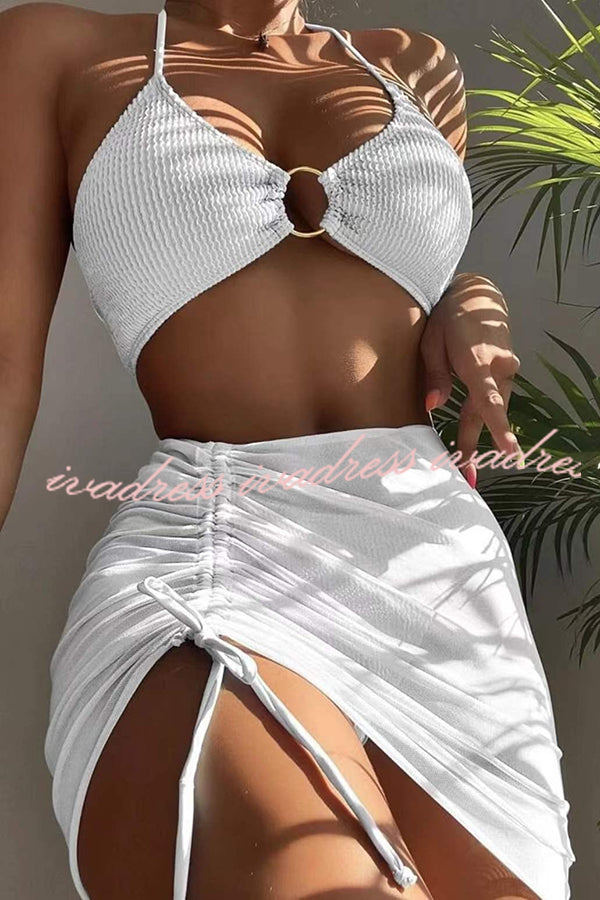 Commuting Style Suspender Pleated Hoop Three Pieces Swimsuit Set
