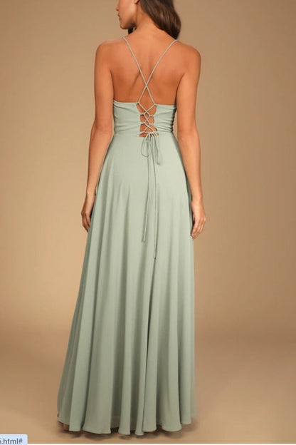 Cowl Neck Spaghetti Strap High Slit A-Line Chiffon Maxi Gown