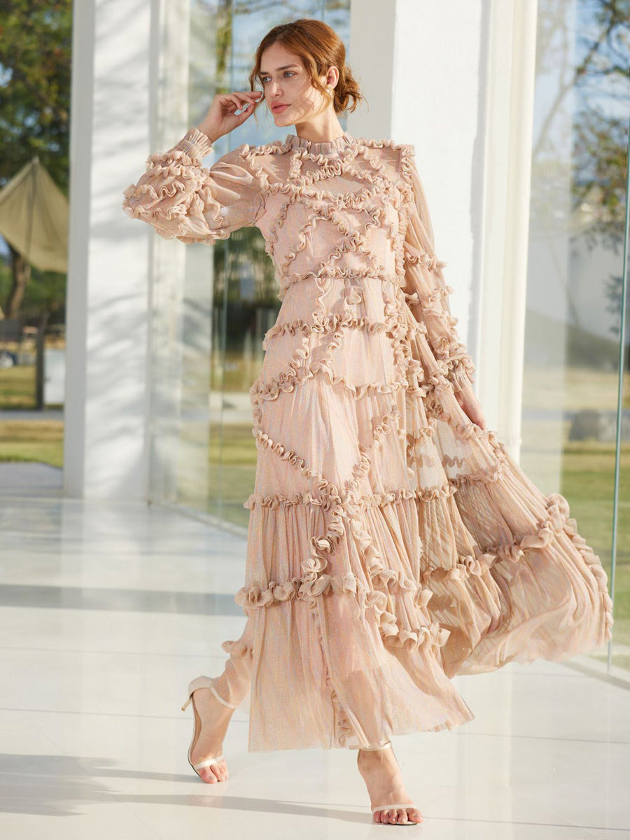 Ruffles Dress Illusion Long Sleeves High Collar Tulle Party Maxi Dresses
