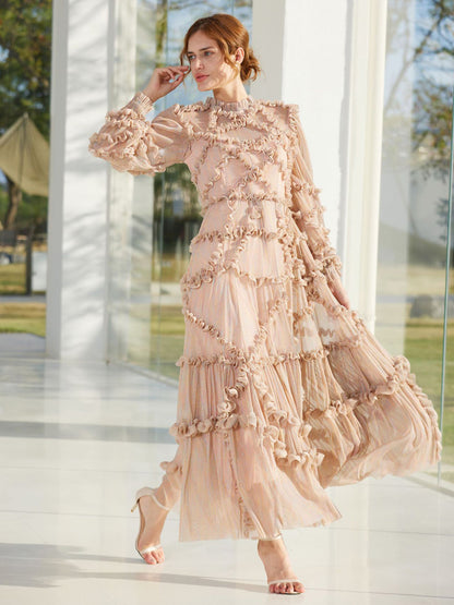 Ruffles Dress Illusion Long Sleeves High Collar Tulle Party Maxi Dresses