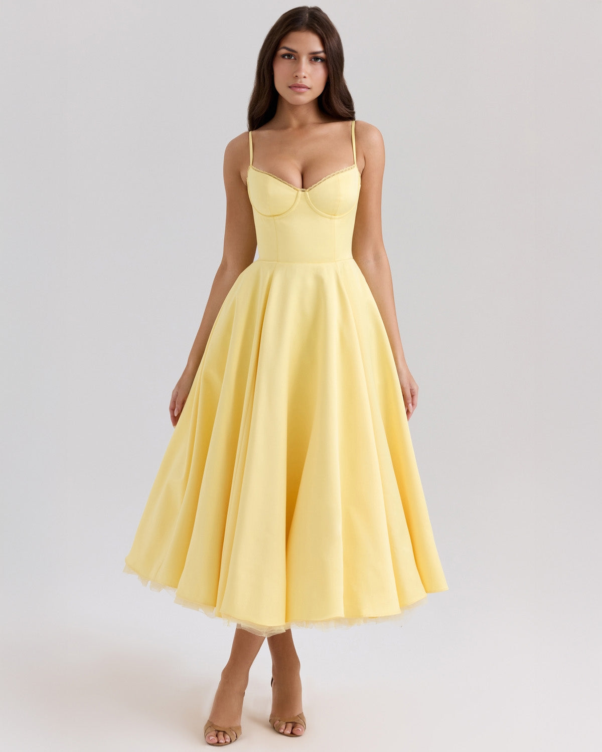 Bustier Spaghetti Strap Lace Trim Pleated Fit and Flare Midi Dress