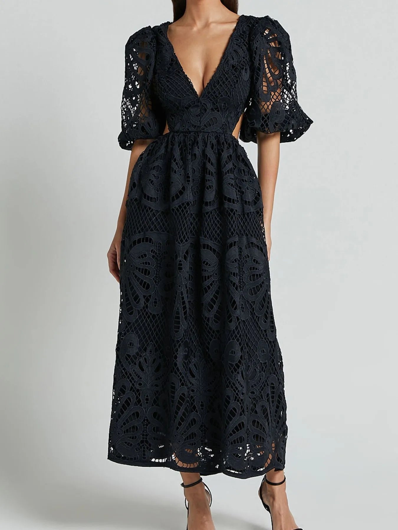 Guipure Lace Puff Sleeve Deep V-Neck Side Cutout Midi Dress