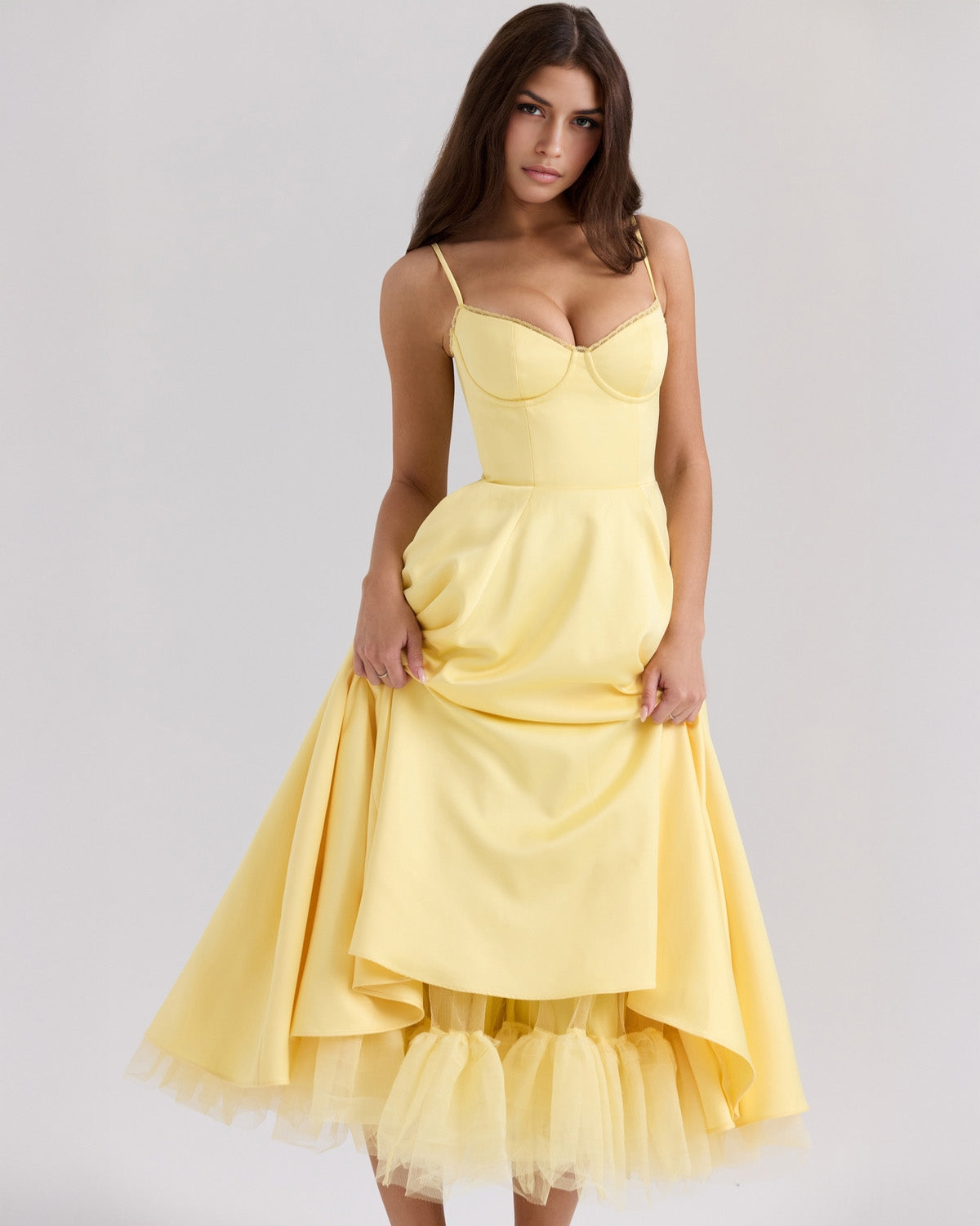 Sweetheart Spaghetti Strap Lace Trim Corset Bodice Fit and Flare Midi Dress