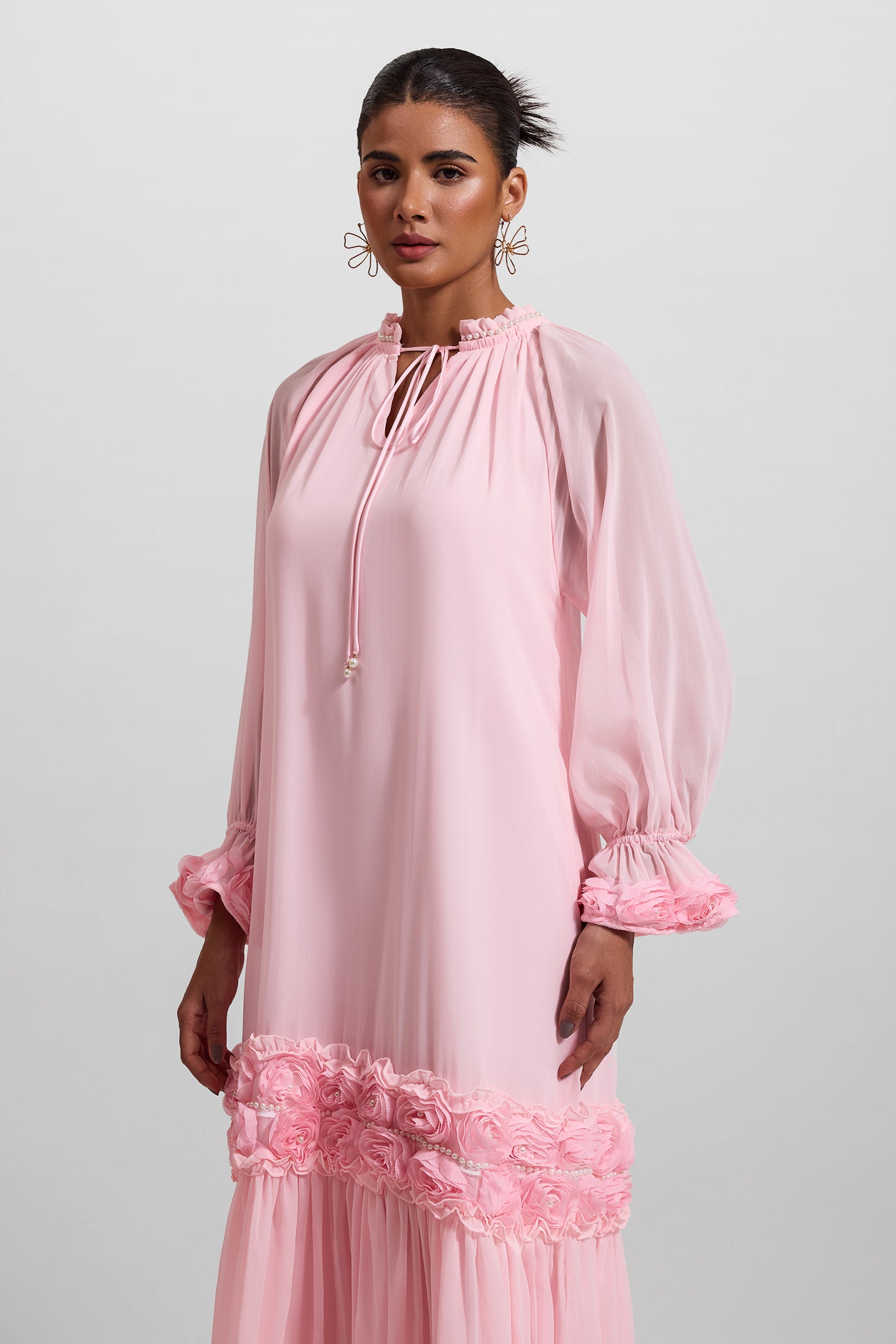 3D Floral Frill Long Sleeve Midi Dress