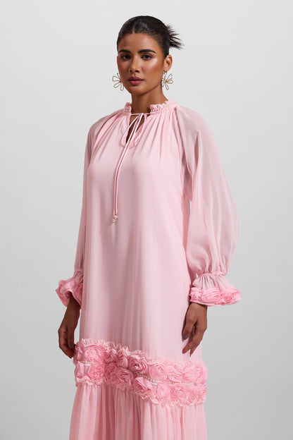 3D Floral Frill Long Sleeve Midi Dress