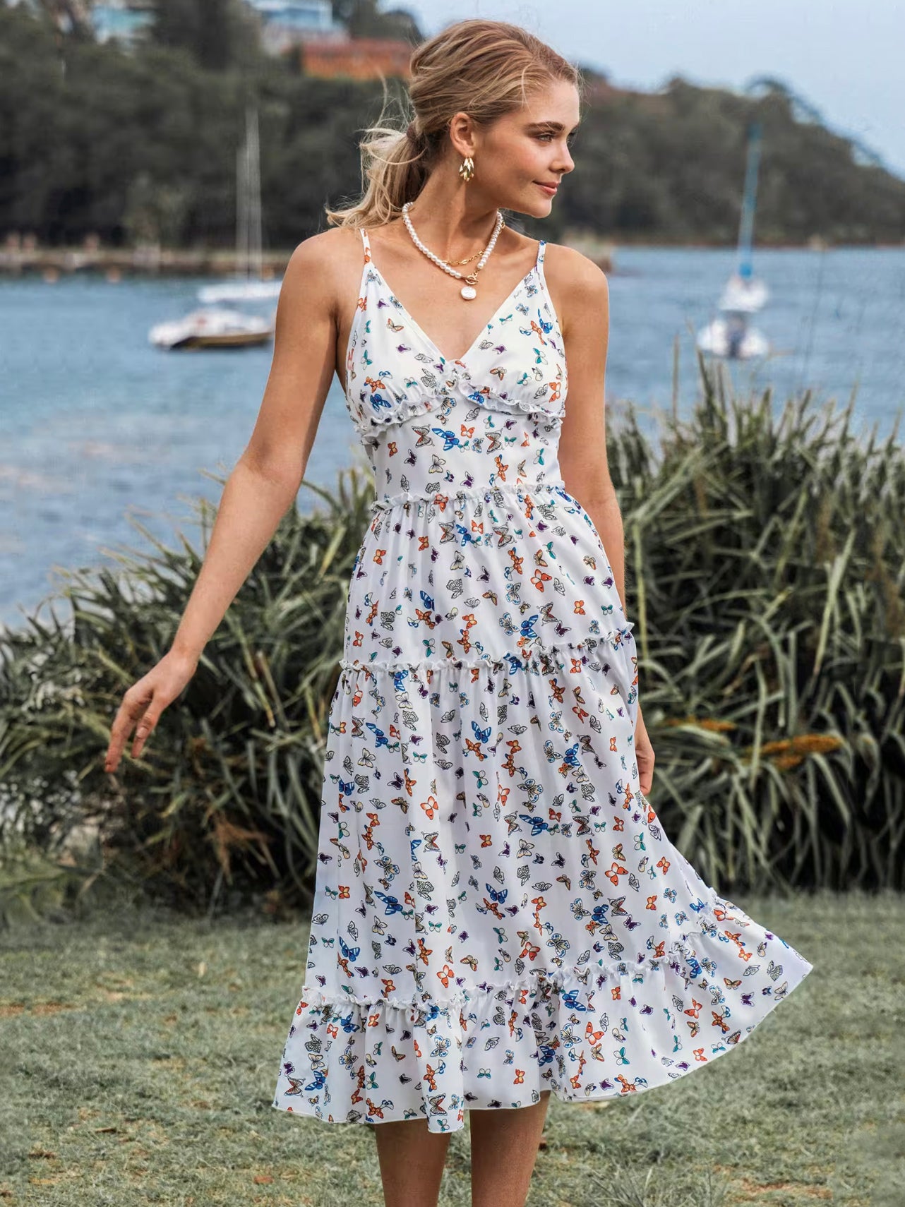 Summer Midi Dress White V-Neck Animal Print Beach Dress
