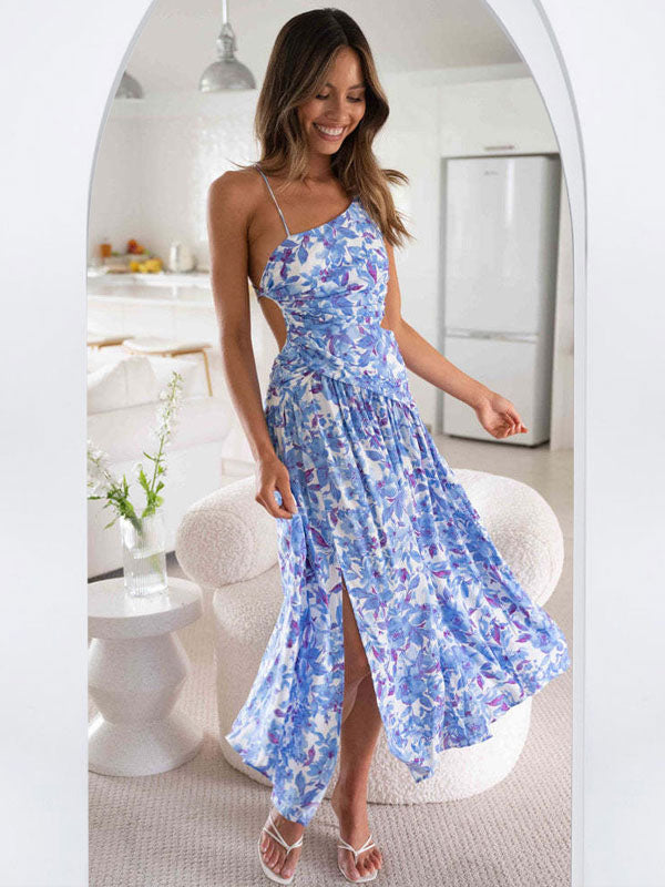 Summer Midi Dress Red Asymmetrical Neck Cut Out Floral Print Beach Dress