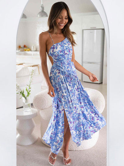 Summer Midi Dress Red Asymmetrical Neck Cut Out Floral Print Beach Dress