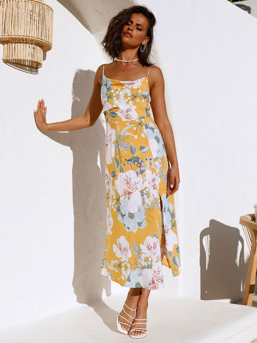 Print Midi Dresses Floral Print Spaghetti Straps Cowl Neck Sleeveless Backless Side Slit Chic Summer Dresses