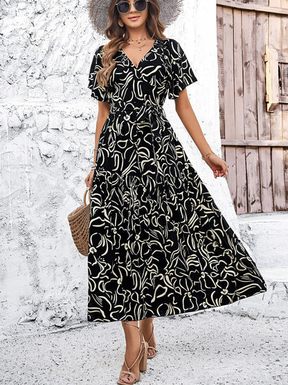 Wrap Dress Tiered Printed Belted V-Neck Short Sleeves Summer Midi Dresses