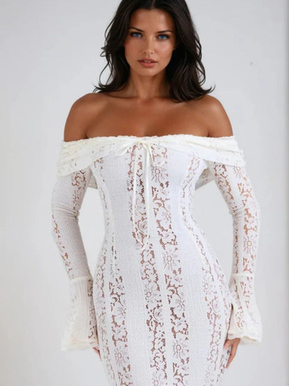 Lace Hollow Off Shoulder Flared Sleeves Hip-hugging Maxi Dresses