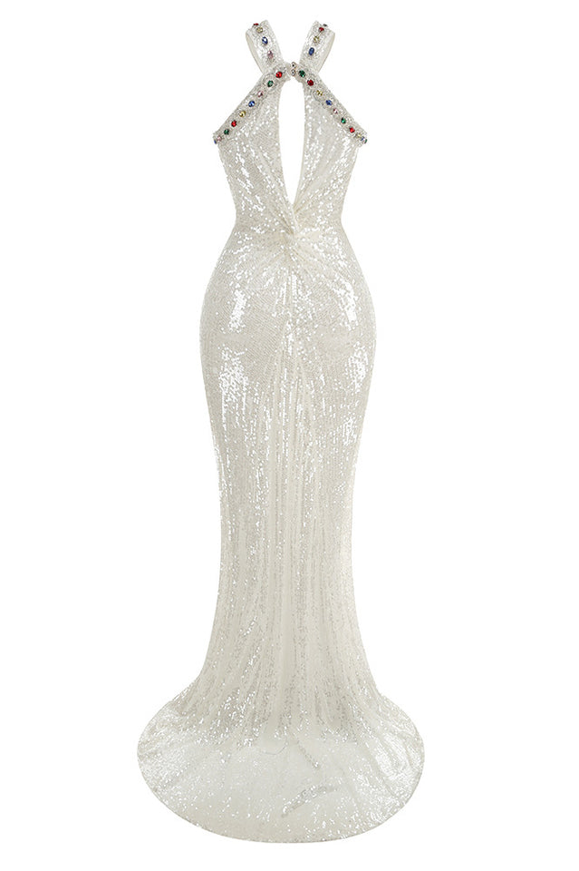 Jewel Trim Criss Cross Halter Keyhole Sequin Maxi Gown