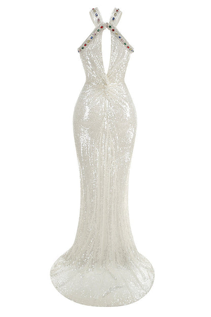 Jewel Trim Criss Cross Halter Keyhole Sequin Maxi Gown