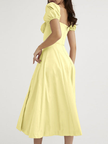 Square Collar Bandage Puff Sleeve Slit Midi Dresses