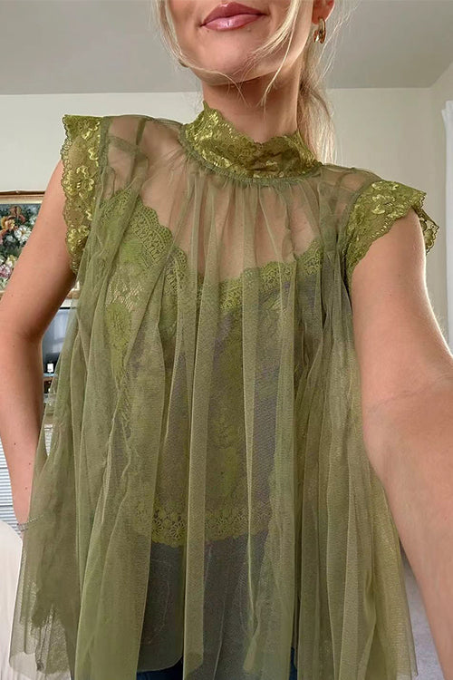 Solid Mockneck Tulle Cover Up Top with Crop Lace Camisole