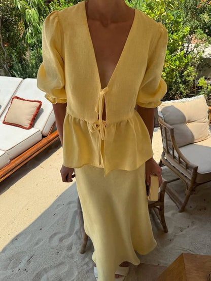 Two-piece Set: Puff-sleeved V-neck Tie-front Top And High-waisted Skirt