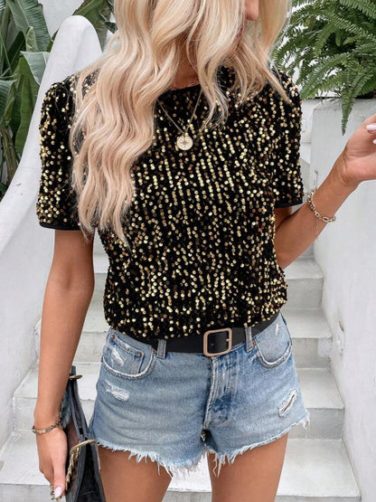 Sequins Crew Neck Short Sleeve T-shirt