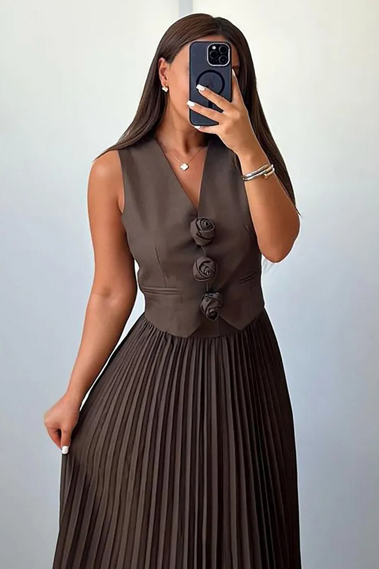 3D Floral Vest Pleated Maxi Skirt Set