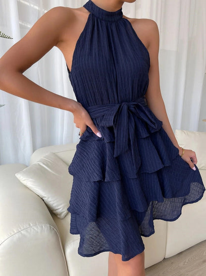 Halter Sleeveless Ruffle Black Mini&Short Dresses