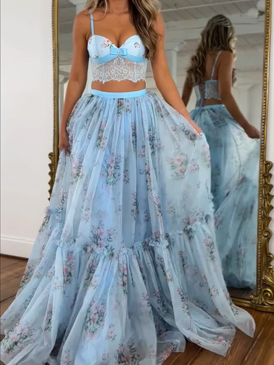Floral Chiffon Elegant Midi Skirt Halter Neck Strap Set 2-piece Sets