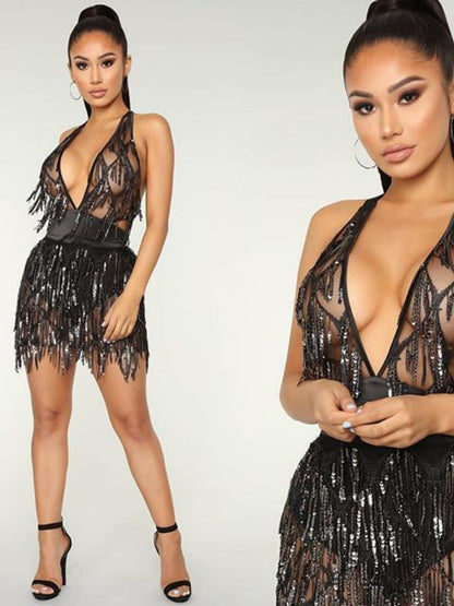 Sequined Two-piece Spliced Sexy Backless Nightclub Tie-up Dress