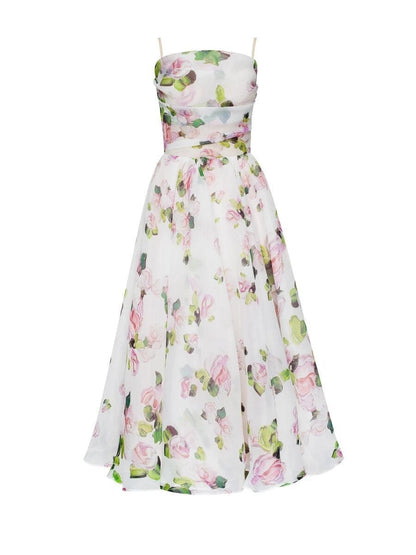 Zipper Floral Print Strapless Sleeveless Long Dress