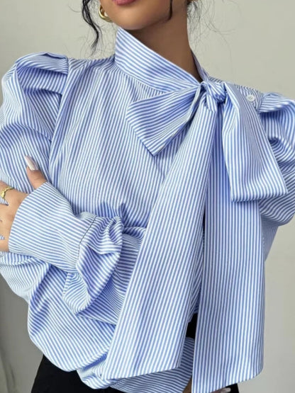 Puff Sleeve Bow Ribbon Stripes Leisure Shirts