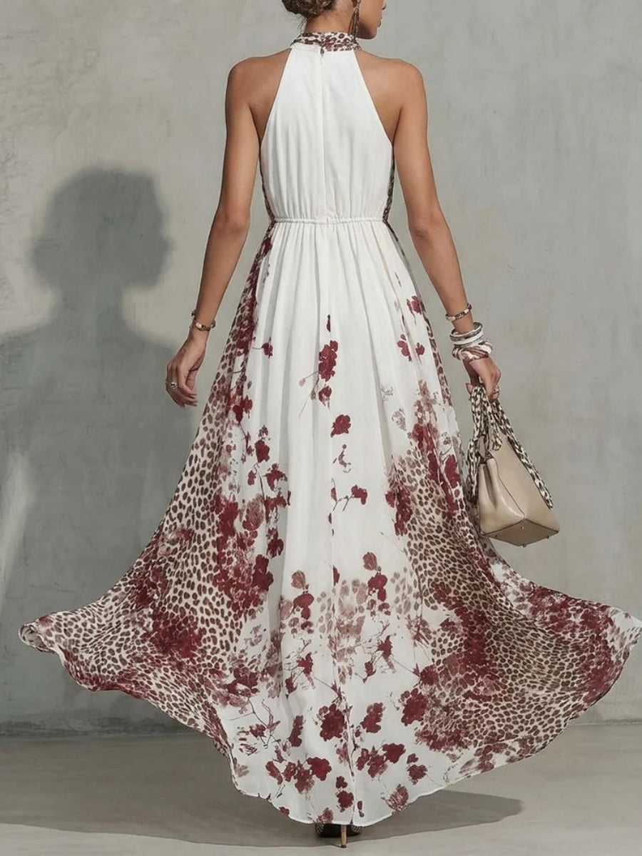 Floral Leopard Print Turtleneck Sleeveless Temperament Vacation Maxi Dresses