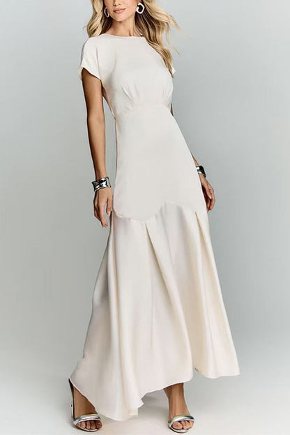 Crewneck Short Sleeves Back Cut Out Satin Maxi Dress