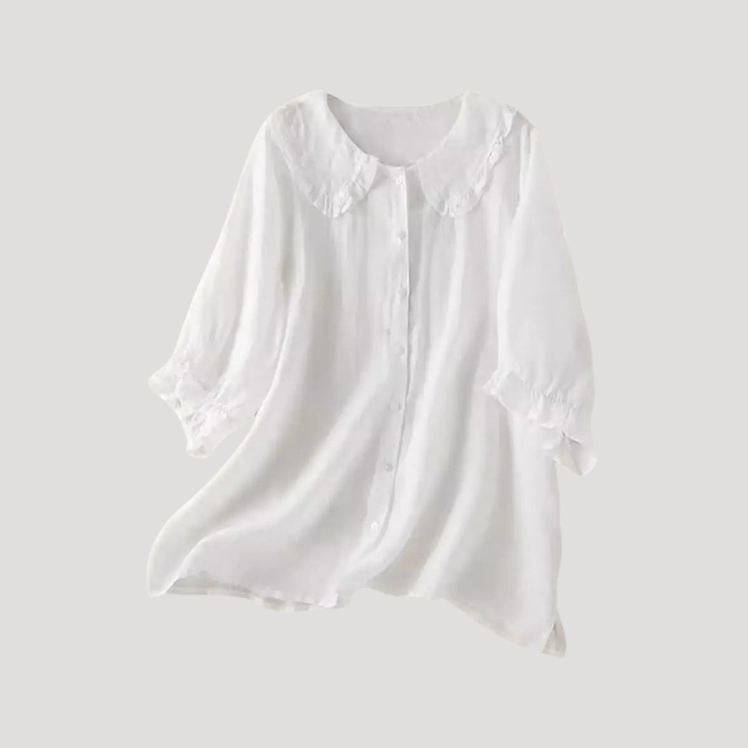 | Linen Blend Blouse Long Sleeve Ruffle Collar Top