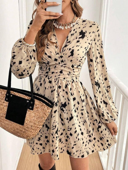 Ruffle Geometric Print Long Sleeve Mini&Short Dresses