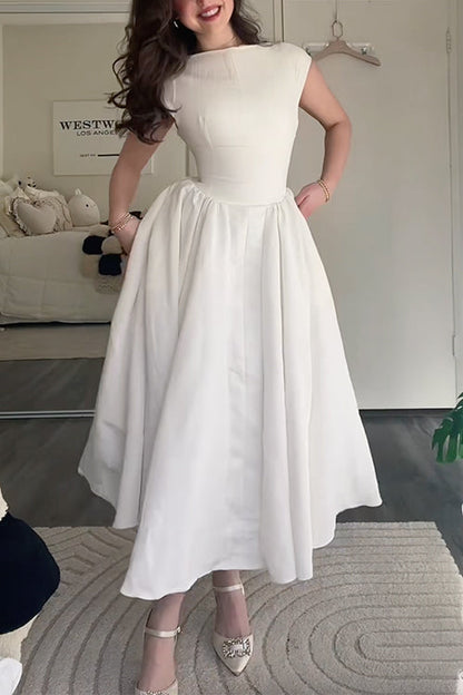 Margovil Cap Sleeves Open Back Waisted Swing Midi Dress