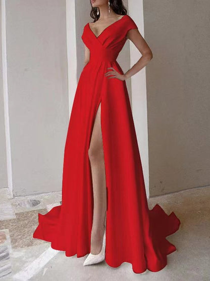 V-neck, Ruffled, White, Mid-waisted, Solid Color Long Dress
