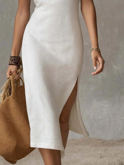 Sleeveless Tank Tops High Slit Temperament Knitting Midi Dresses