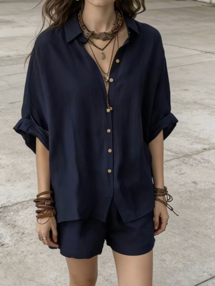 Blended Loose-fit Mid-length Sleeves Shirts Shorts Set 2-piece Sets