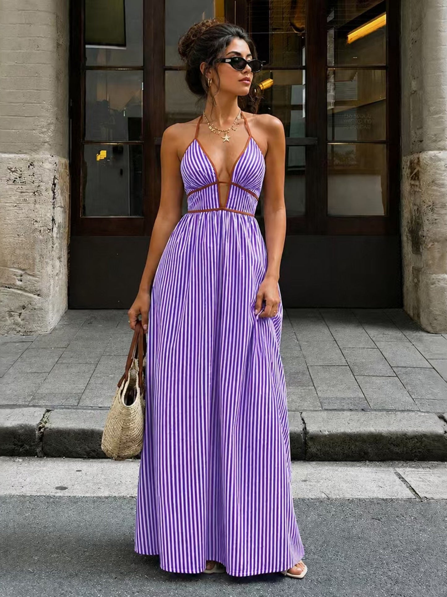 Stripes Backless V-neck Sleeveless Maxi Dresses