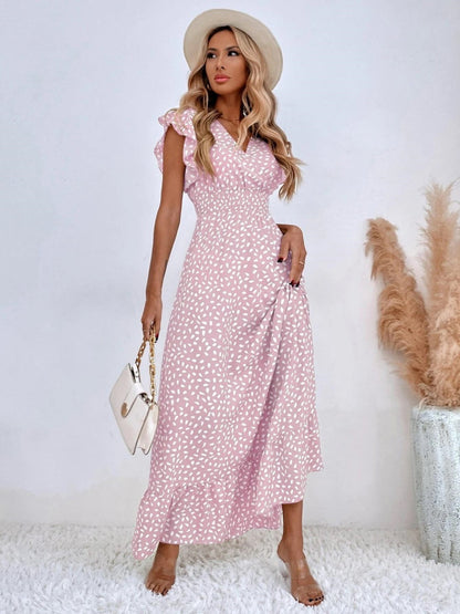 Floral Lotus Leaf Sleeves V-neck Vacation And Leisure Maxi Dresses
