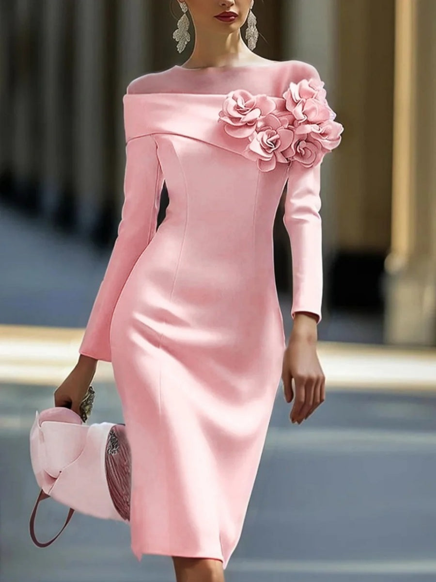 Round Neck, Solid Color, Slim Fit, Mid-length Dress With Side 3D Floral Embellishments