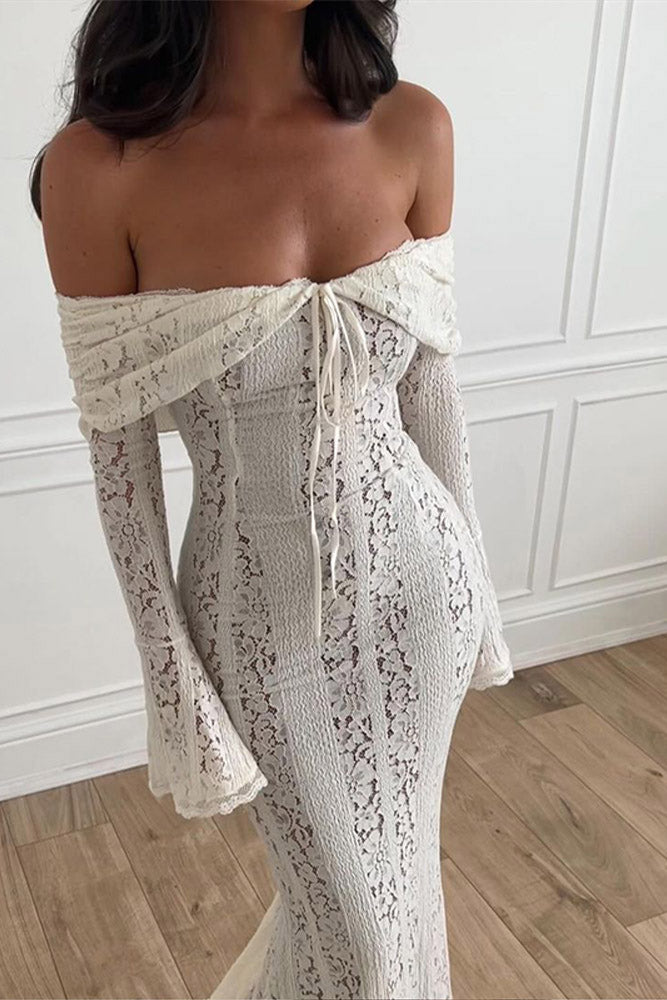 Off-the-Shoulder Lace Bell Sleeve Tie Front Bodycon Mermaid Maxi Dress