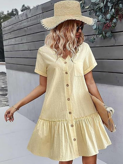 Single Row V-neck Loose-fit Short Sleeve Mini&Short Dresses