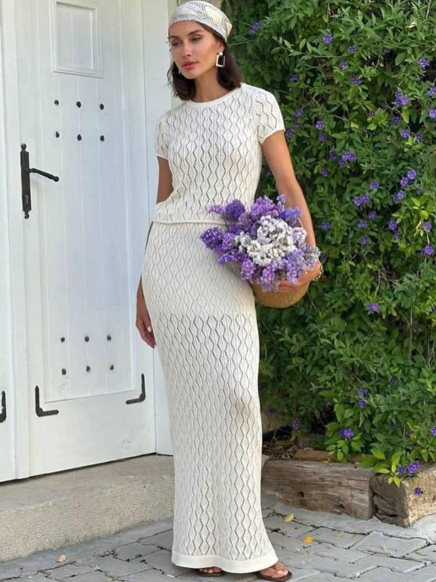 Jacquard Knitting Hollow Short-sleeved Top Skirts Set 2-piece Sets
