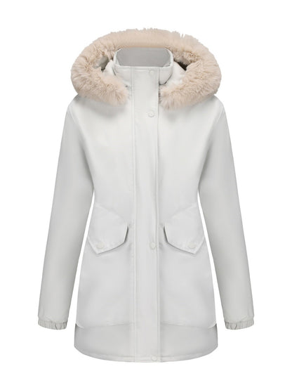 With Fur Collar Hooded For Warmth Drawstring Pocket Down Jacket