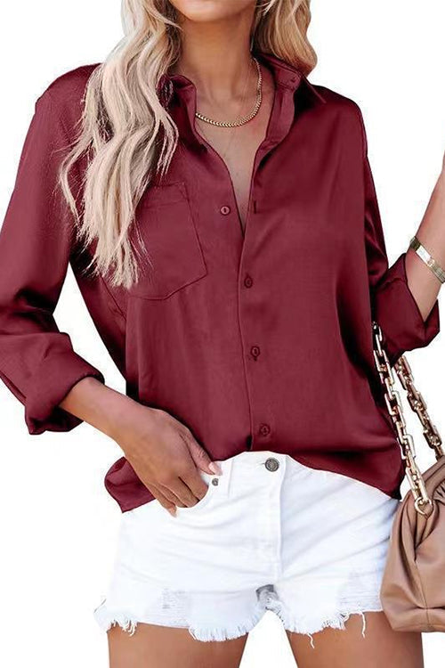 Margovil Solid Long Sleeves Button Up Satin Shirt