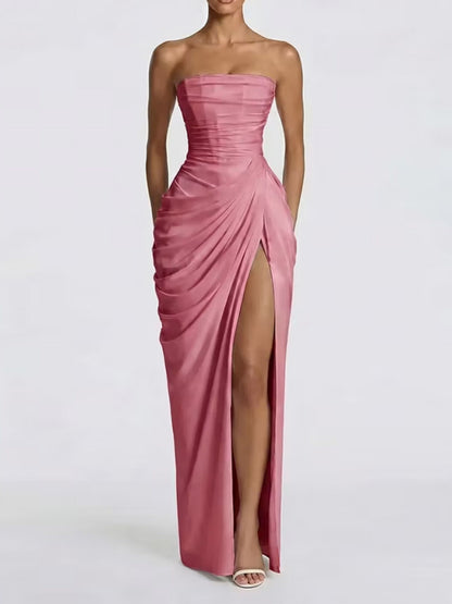Pleated Slit Strapless Waist Maxi Dresses