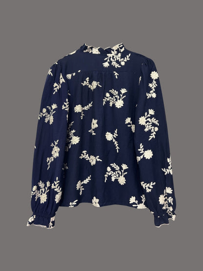 Floral Embroidery Color Block V-Neck Long-Sleeve Shirt