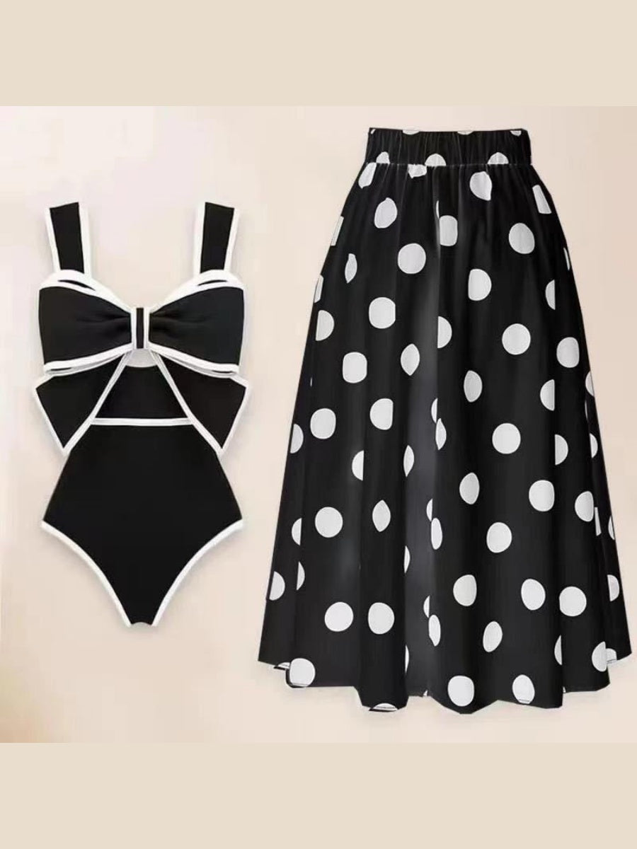 Black And White Color-blocked One-piece Swimsuit With Polka Dot Sun Protection Maxi Dress Two-piece Set