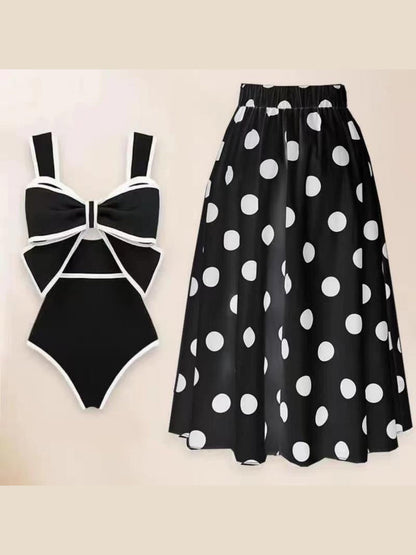 Black And White Color-blocked One-piece Swimsuit With Polka Dot Sun Protection Maxi Dress Two-piece Set