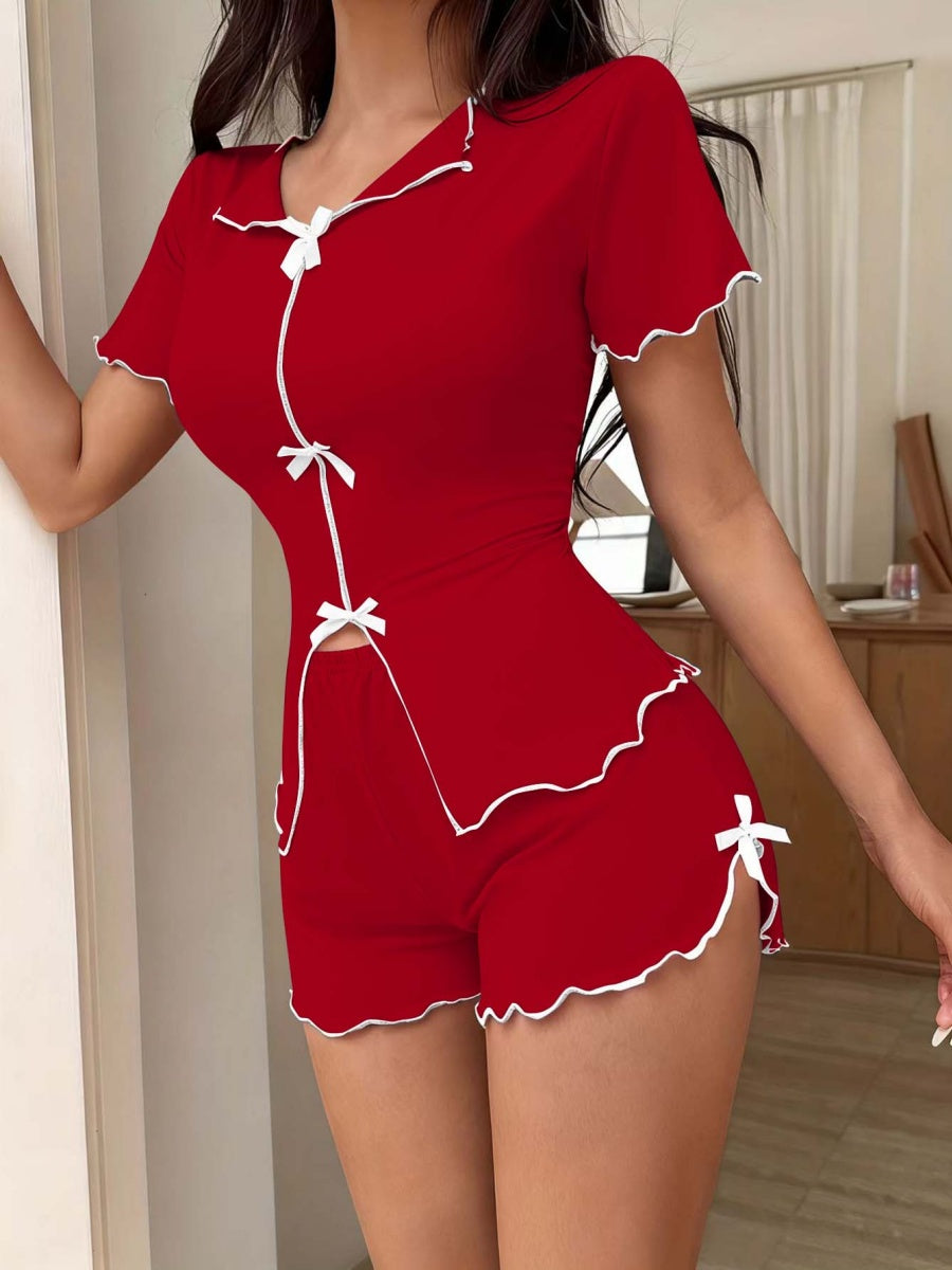 Sexy Bow-Tie Stretch Short-Sleeve And Shorts Set - Can Be Worn Out As Loungewear