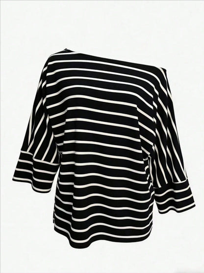 Off-shoulder Sloping Shoulders Loose-fit Stripes Commuting T-shirts